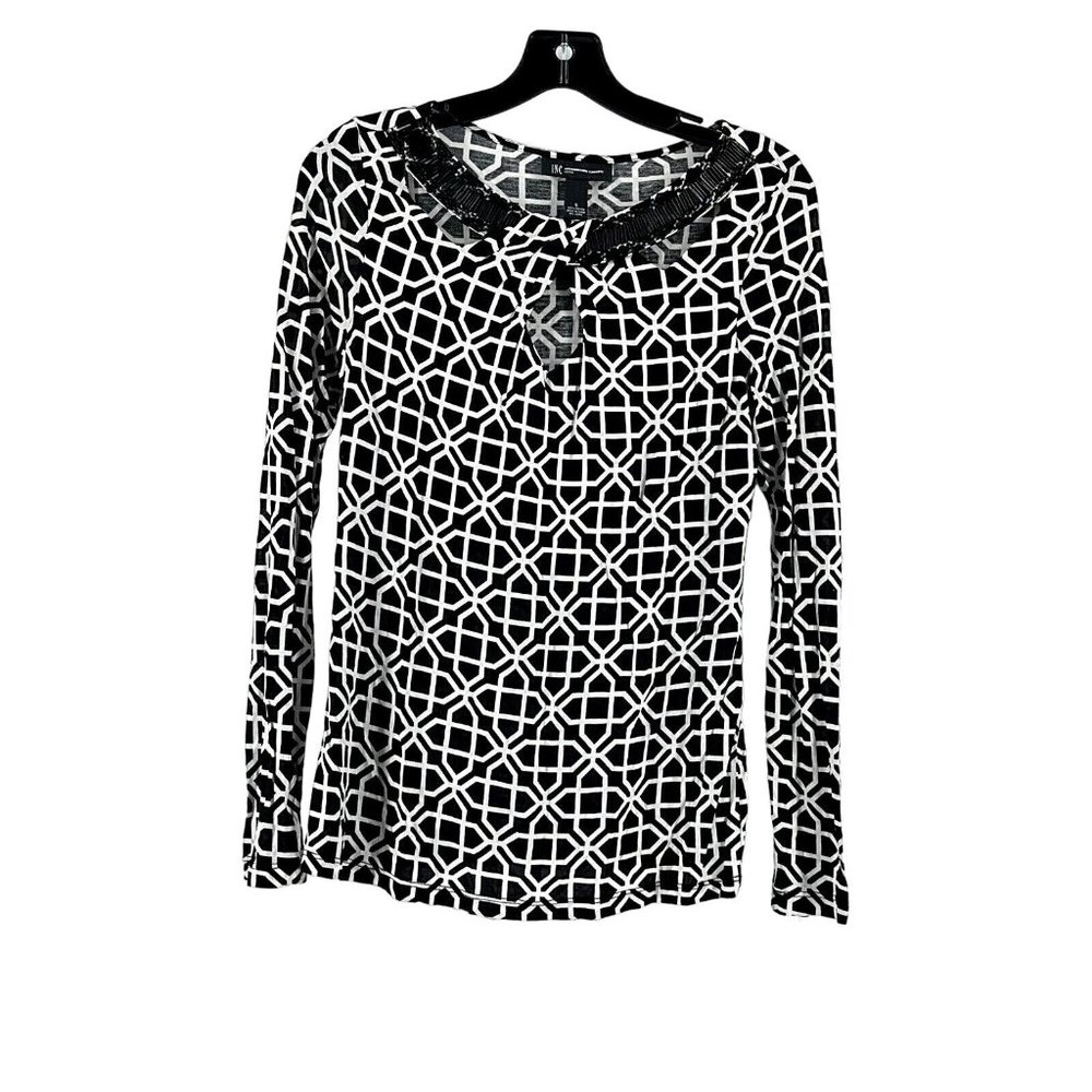INC Women's Long Sleeve Black White Geometric Beaded Neck Top Shirt Blouse Small